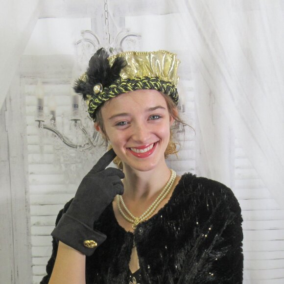 Flapper style softly ruffled gold lame fabric headband on black/gold braid band - Picture 8 of 15